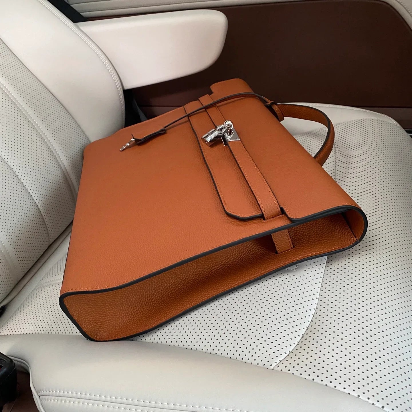 Gold Brown Grain Leather Palladium Hardware Horizontal Briefcase Bag