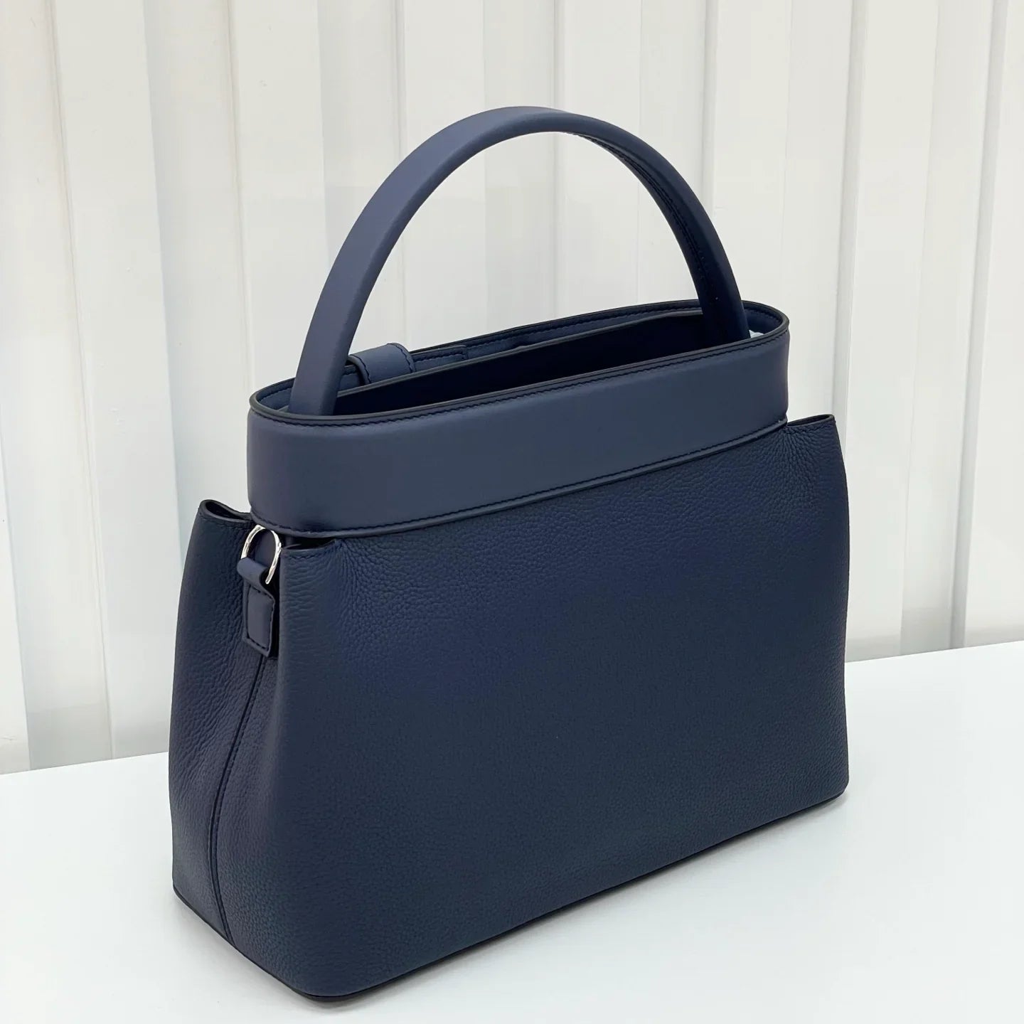 Navy Blue Grain Leather Palladium Hardware Structured Handheld Bag