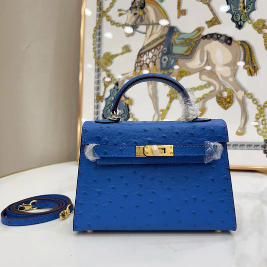 Sapphire Blue Dotted Grain Leather Gold Hardware Mini Flap Handbag