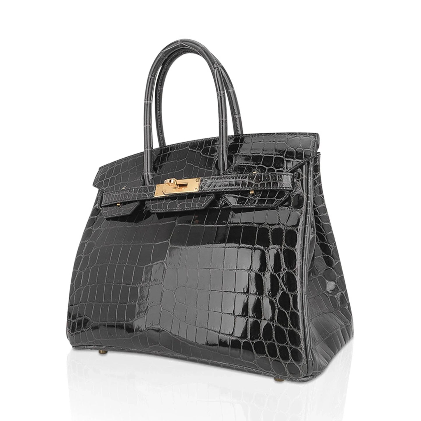 Black Glossy Crocodile Grain Gold Hardware Structured Handbag