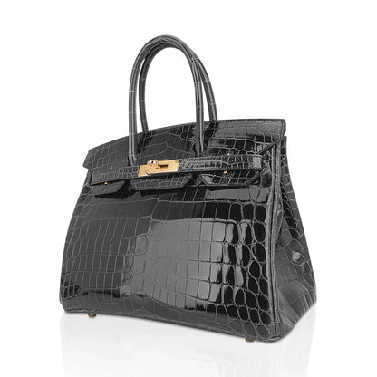 Black Glossy Crocodile Grain Gold Hardware Structured Handbag