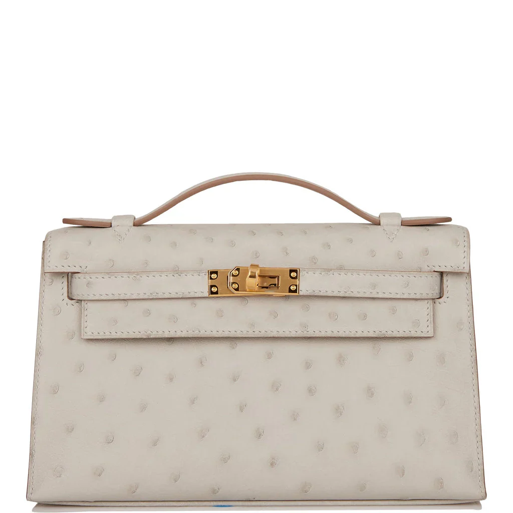 Off White Gris Perle Ostrich Grain Toggle Lock Mini Flap Hand Clutch