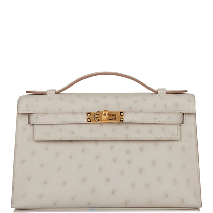 Off White Gris Perle Ostrich Grain Toggle Lock Mini Flap Hand Clutch