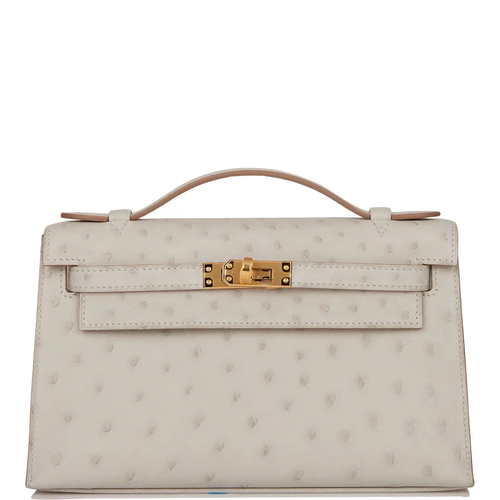 Off White Gris Perle Ostrich Grain Toggle Lock Mini Flap Hand Clutch