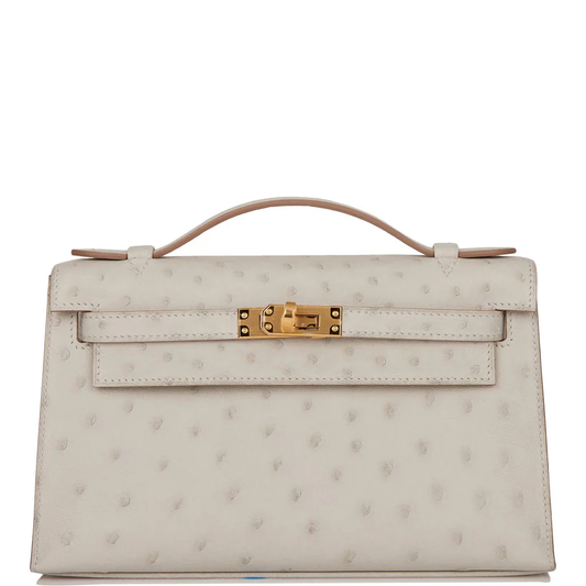 Off White Gris Perle Ostrich Grain Toggle Lock Mini Flap Hand Clutch