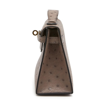 Brown Tourterelle Ostrich Grain Gold Hardware Mini Flap Clutch Bag