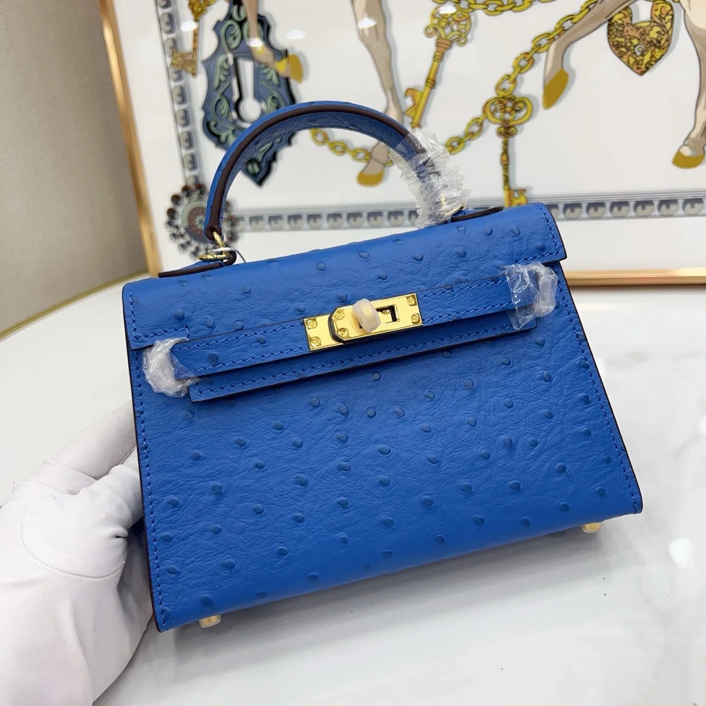 Sapphire Blue Dotted Grain Leather Gold Hardware Mini Flap Handbag