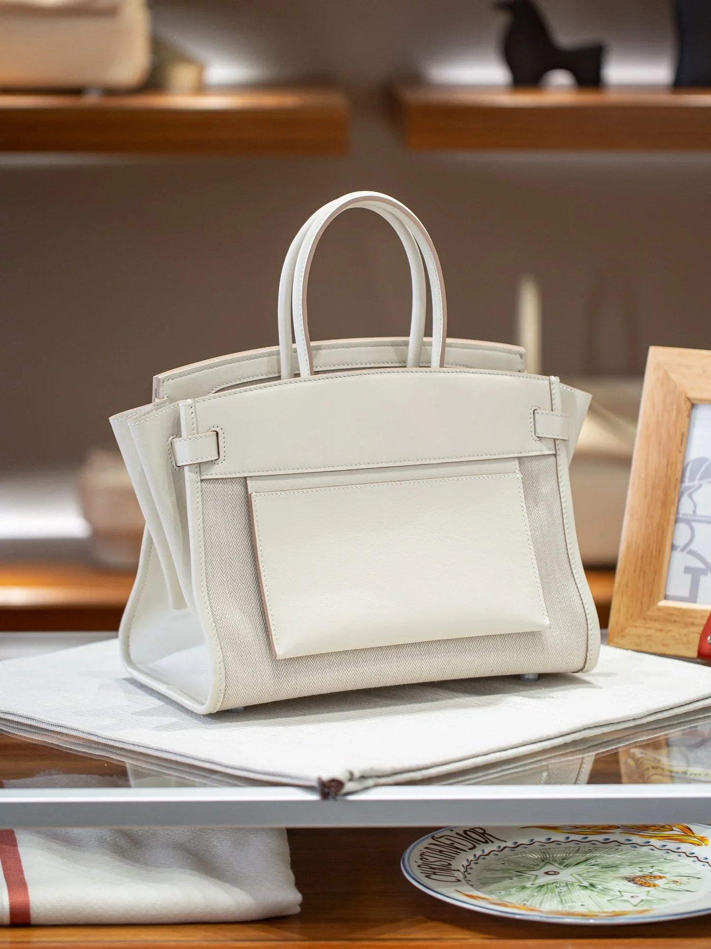 Creamy White Two-Tone Calfskin Canvas Lock Top Handle Tote Bag