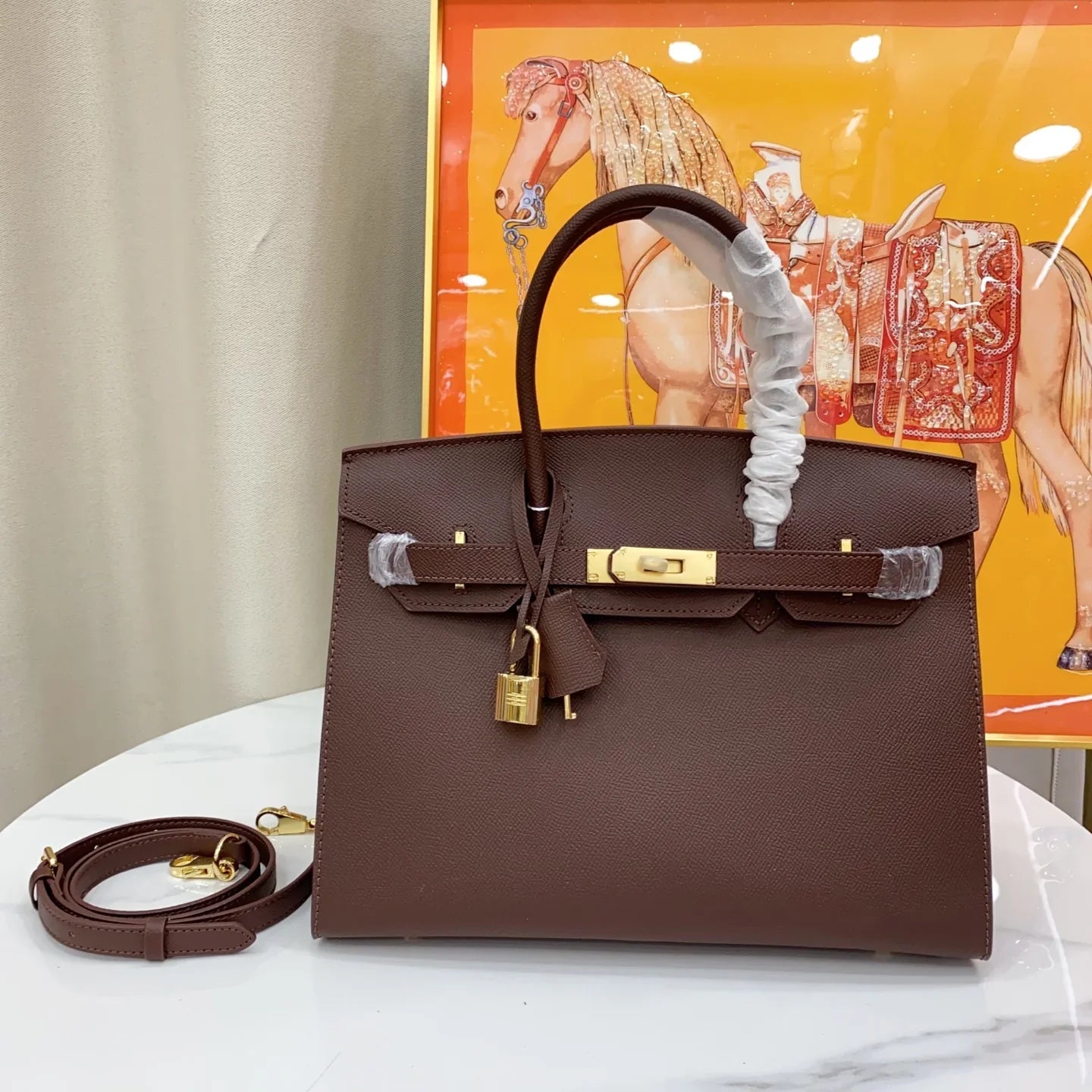 Chocolat Brown Grain Leather Gold Hardware Structured Hand Tote Bag