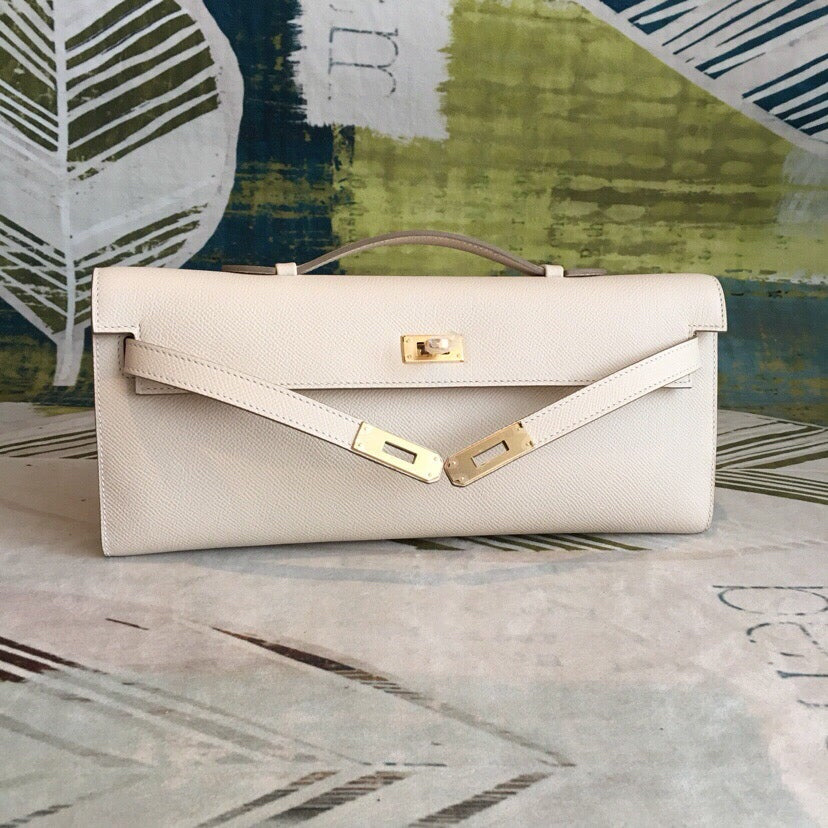 Creamy White Leather Lock Long Evening Clutch Bag