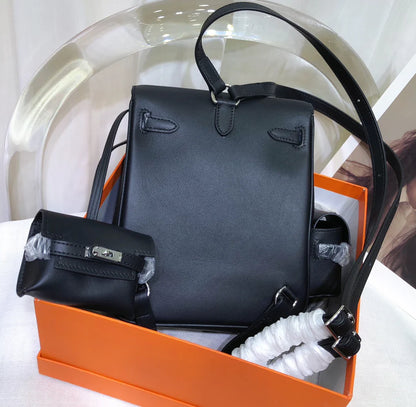 Black Leather Palladium Hardware Flap Backpack