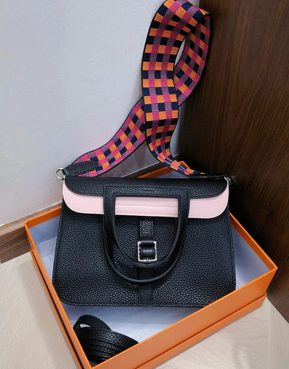 Graphite Black Two Tone Leather Buckle Flap Crossbody Shoulder Bag