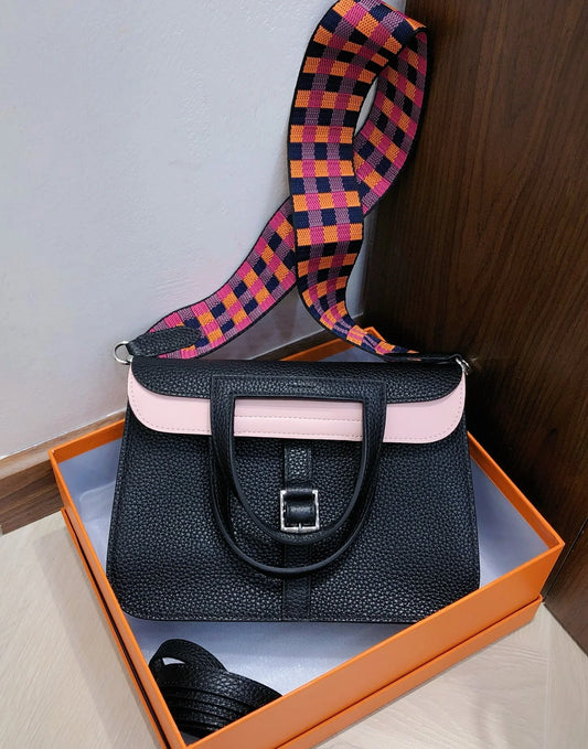 Graphite Black Two Tone Leather Buckle Flap Crossbody Shoulder Bag