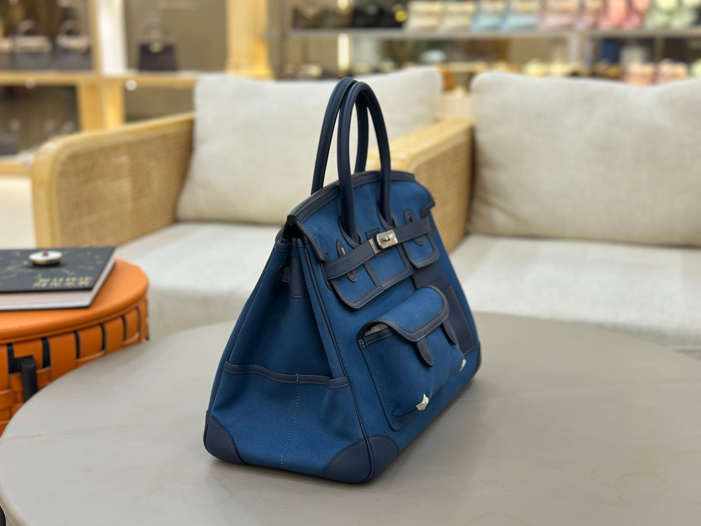 Deep Blue Canvas Leather Trim Silver Hardware Cargo Hand Tote Bag