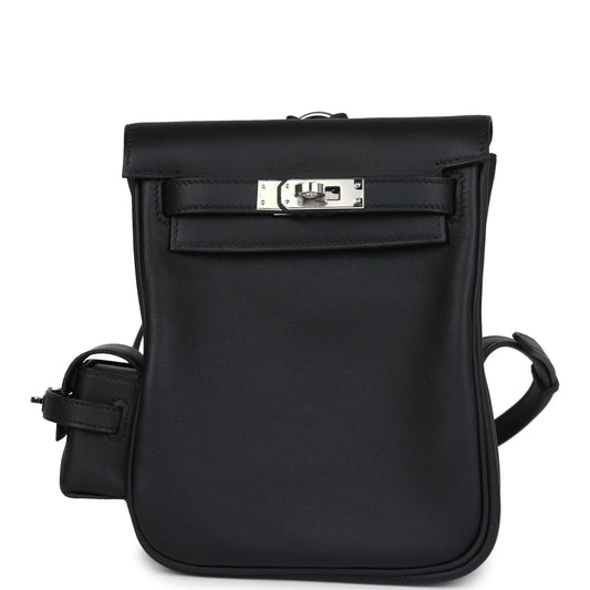 Black Leather Palladium Hardware Flap Backpack
