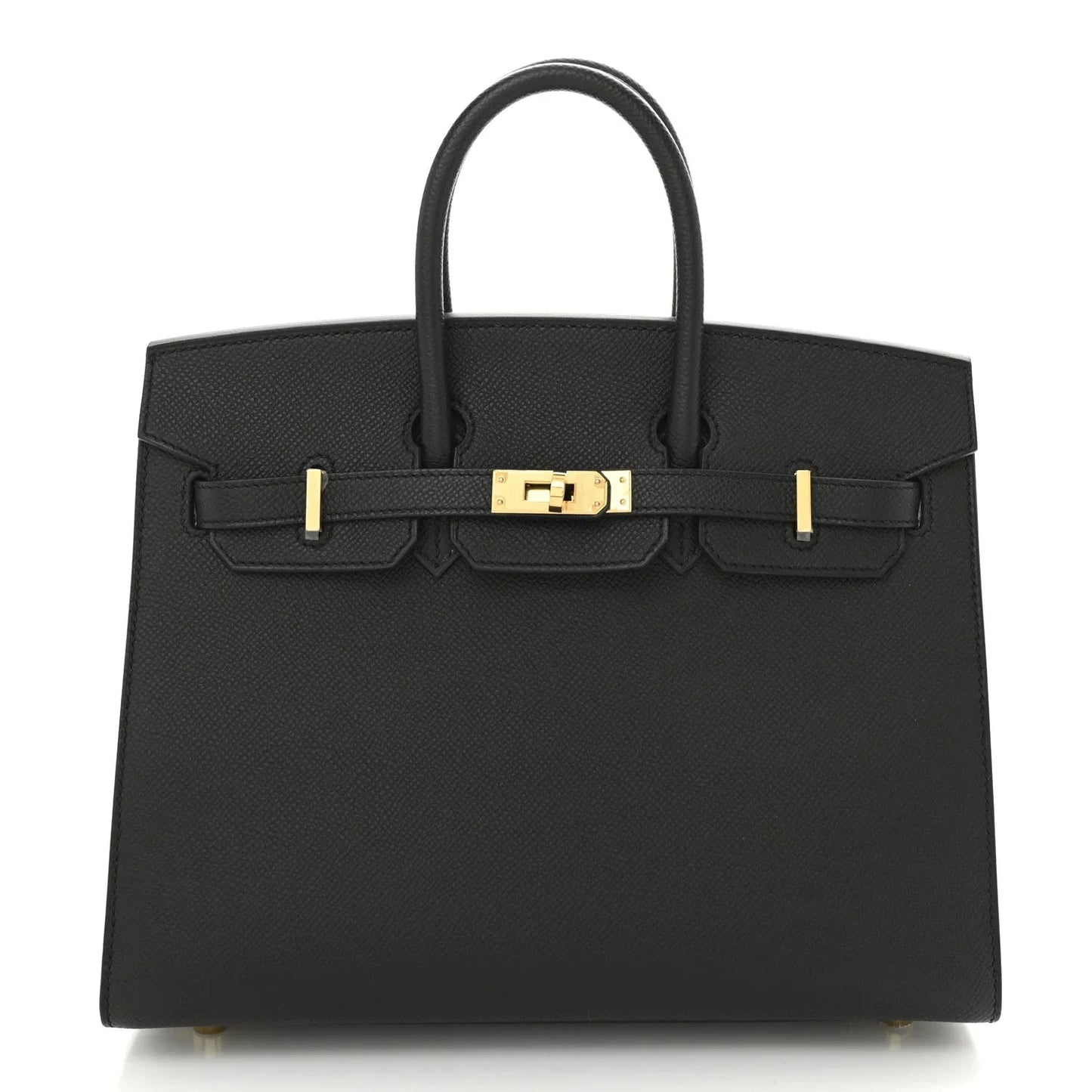 Sleek Black Leather Gold Hardware Structured Top Handle Tote Bag