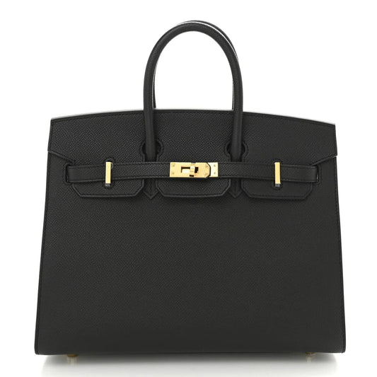Sleek Black Leather Gold Hardware Structured Top Handle Tote Bag