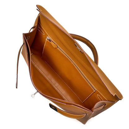 Gold Brown Grain Leather Palladium Hardware Horizontal Briefcase Bag