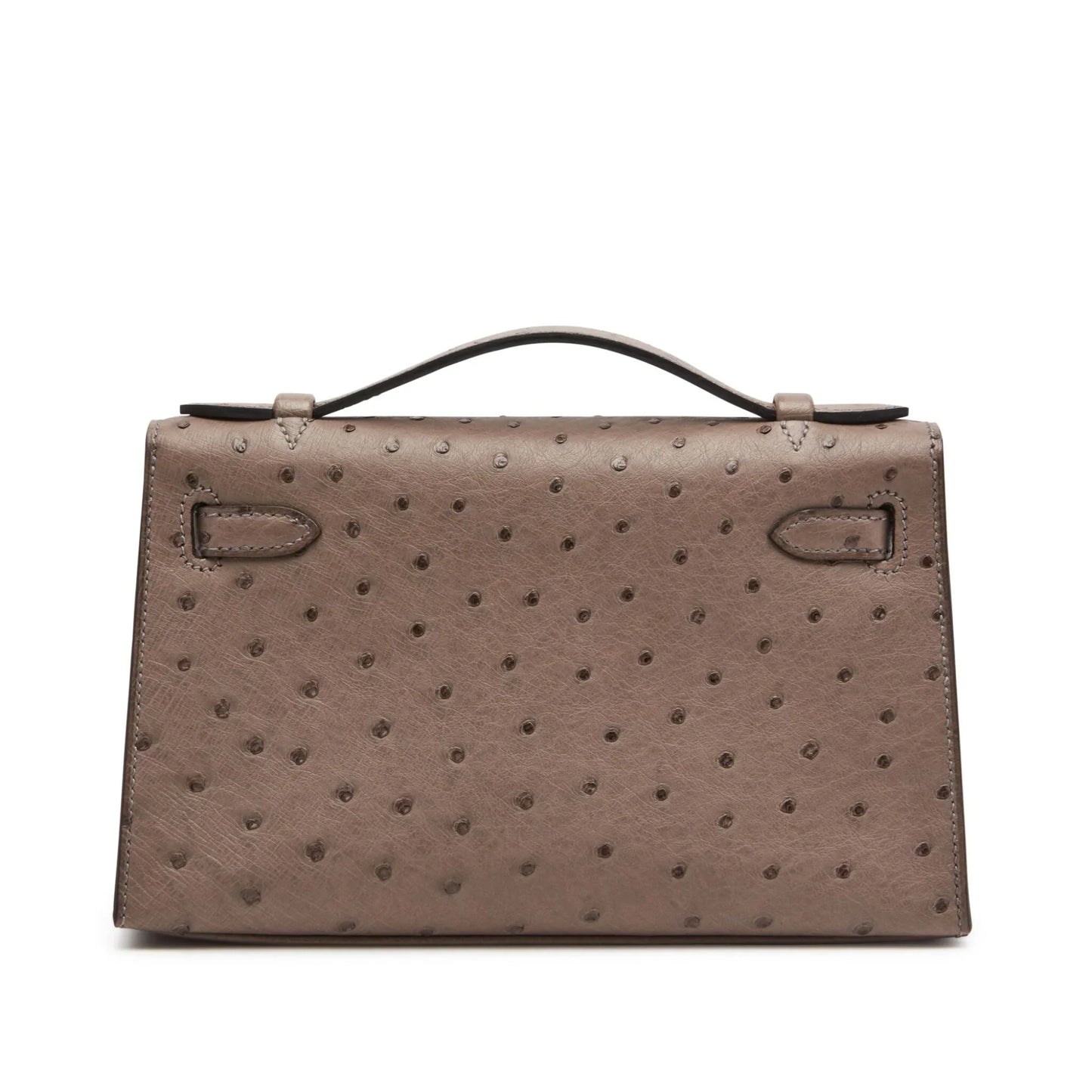 Brown Tourterelle Ostrich Grain Gold Hardware Mini Flap Clutch Bag