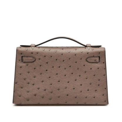 Brown Tourterelle Ostrich Grain Gold Hardware Mini Flap Clutch Bag