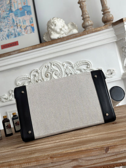 White Contrast Canvas Leather Multi-Pocket Large Travel Handbag