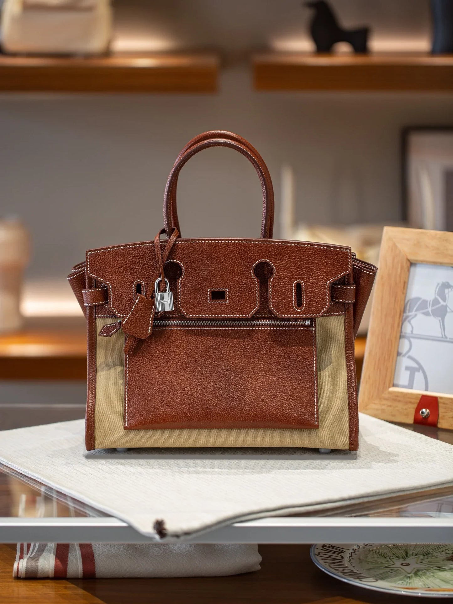Brown Leather Canvas Patchwork Palladium Hardware Structured Handbag