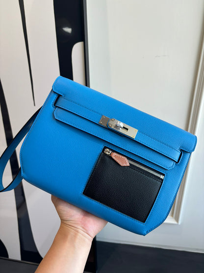 Bright Blue Smooth Leather Silver Hardware Patchwork Flap Crossbody Bag