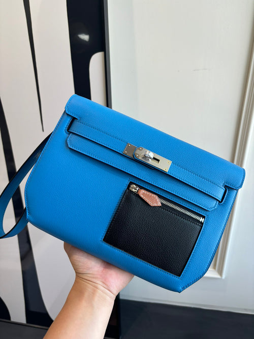 Bright Blue Smooth Leather Silver Hardware Patchwork Flap Crossbody Bag