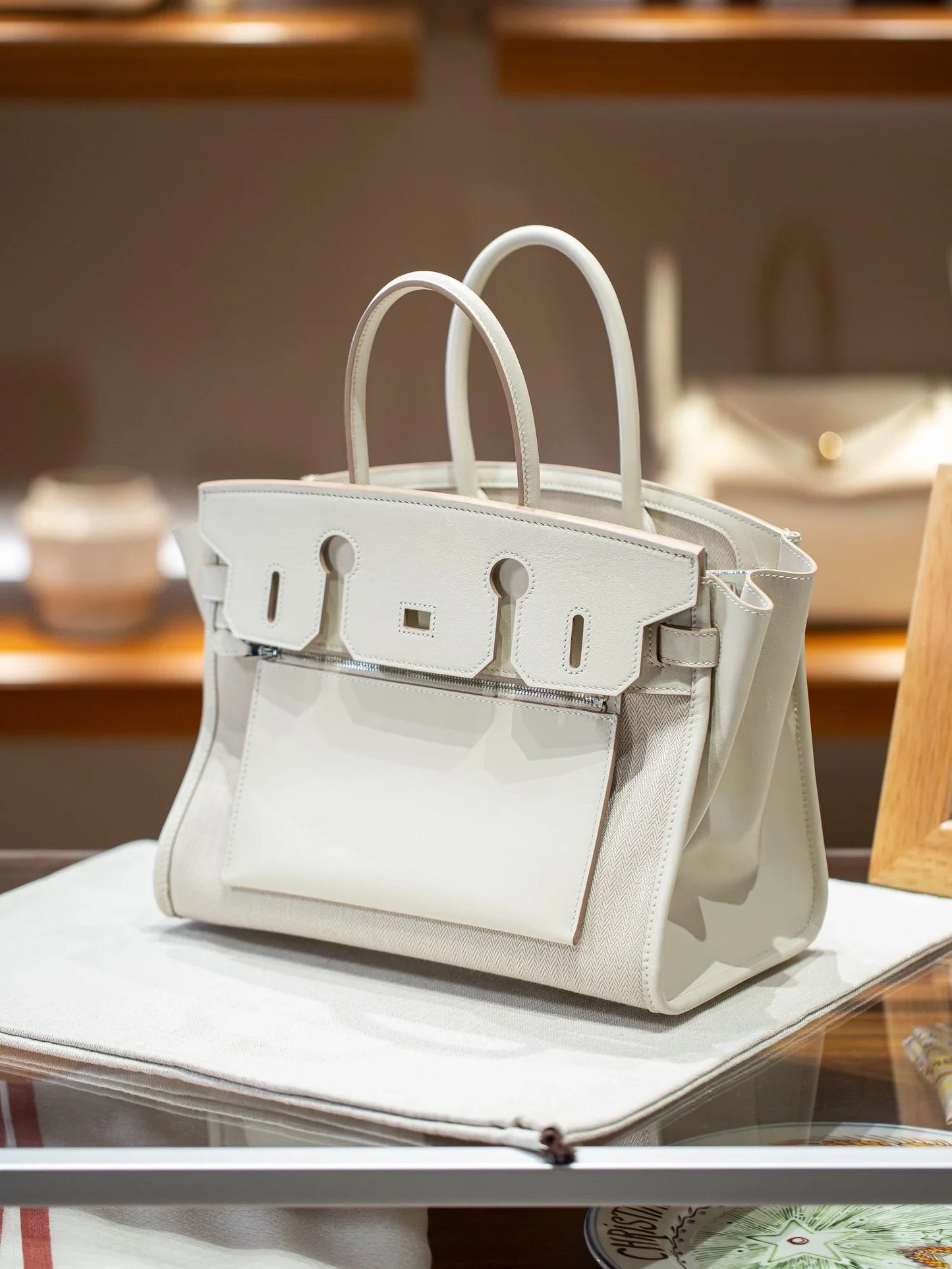 Creamy White Two-Tone Calfskin Canvas Lock Top Handle Tote Bag