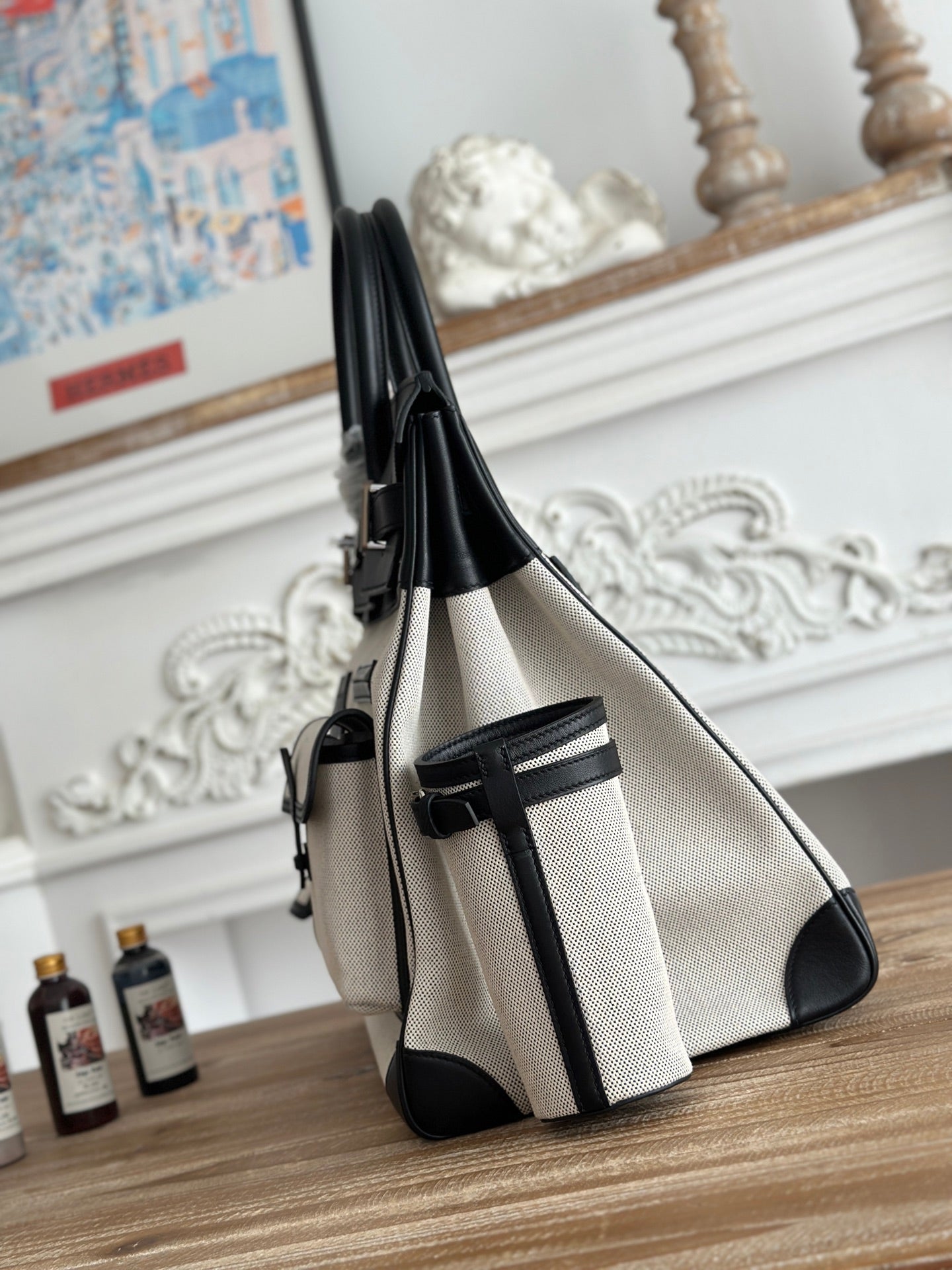White Contrast Canvas Leather Multi-Pocket Large Travel Handbag