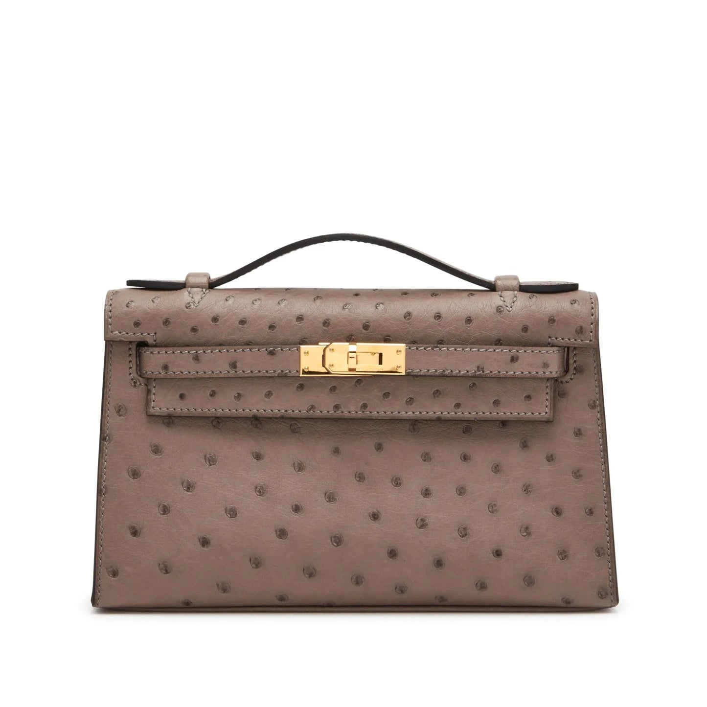Brown Tourterelle Ostrich Grain Gold Hardware Mini Flap Clutch Bag