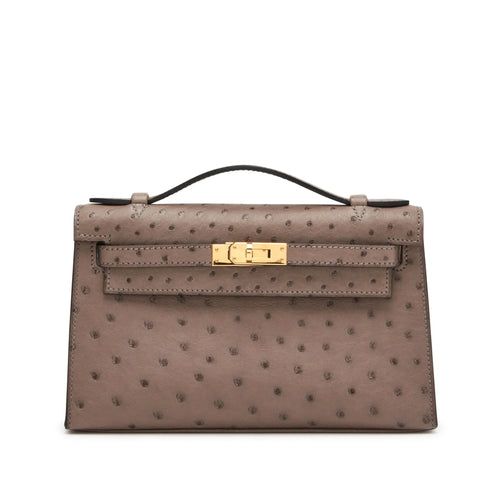 Brown Tourterelle Ostrich Grain Gold Hardware Mini Flap Clutch Bag