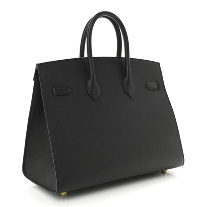 Sleek Black Leather Gold Hardware Structured Top Handle Tote Bag