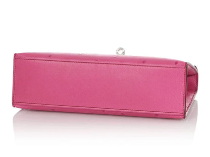 Fuchsia Pink Textured Leather Palladium Hardware Mini Flap Clutch Bag