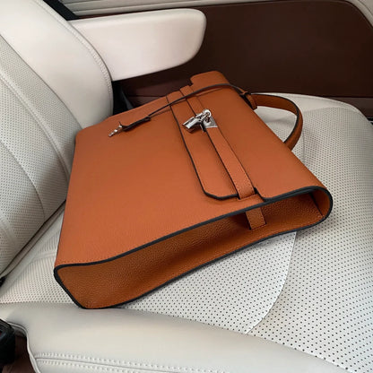 Gold Brown Grain Leather Palladium Hardware Horizontal Briefcase Bag