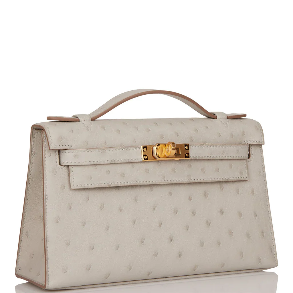 Off White Gris Perle Ostrich Grain Toggle Lock Mini Flap Hand Clutch