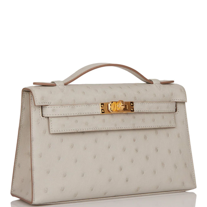 Off White Gris Perle Ostrich Grain Toggle Lock Mini Flap Hand Clutch