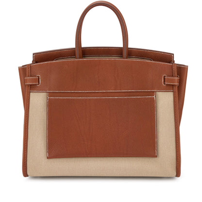 Brown Leather Canvas Patchwork Palladium Hardware Structured Handbag