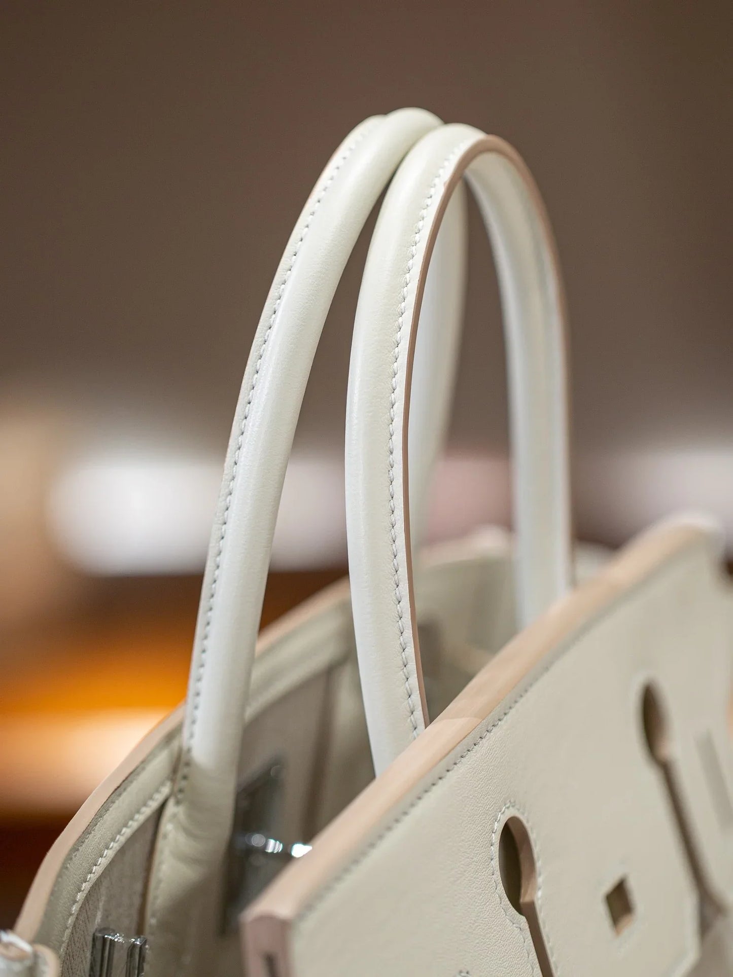 Creamy White Two-Tone Calfskin Canvas Lock Top Handle Tote Bag