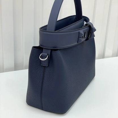 Navy Blue Grain Leather Palladium Hardware Structured Handheld Bag