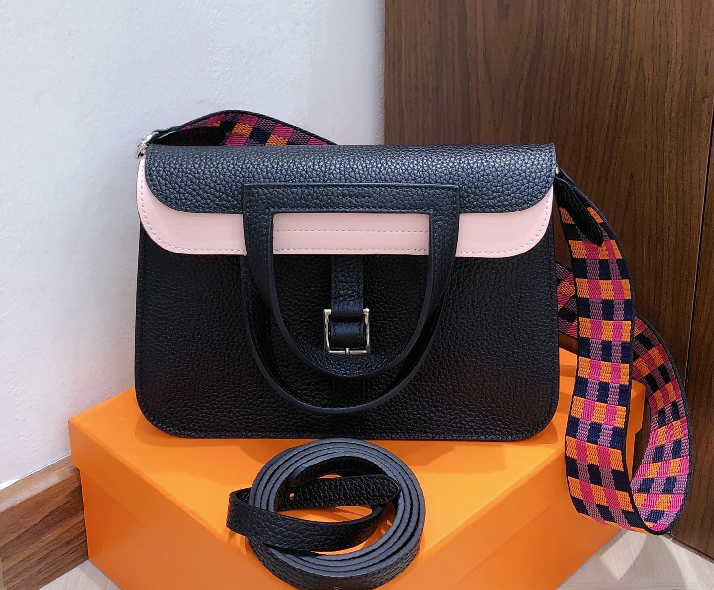 Graphite Black Two Tone Leather Buckle Flap Crossbody Shoulder Bag