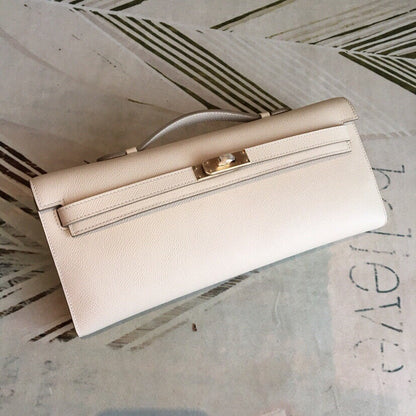 Creamy White Leather Lock Long Evening Clutch Bag