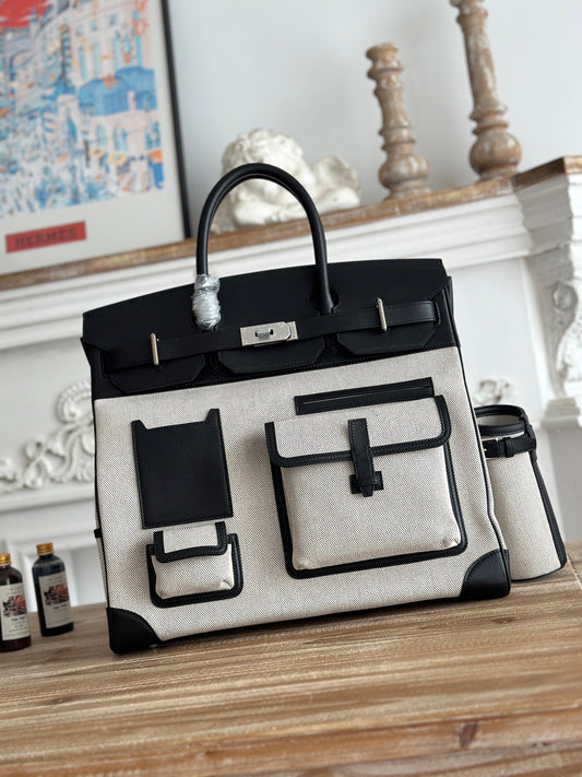 White Contrast Canvas Leather Multi-Pocket Large Travel Handbag
