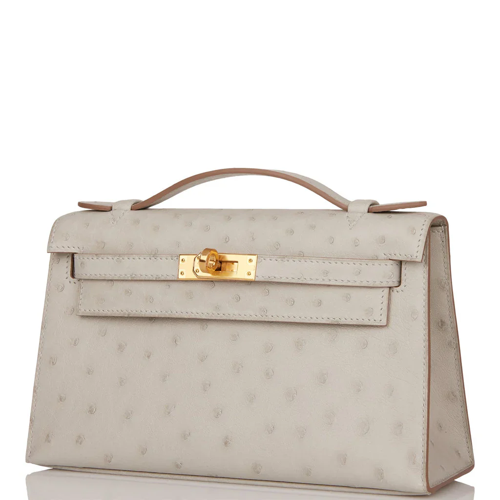 Off White Gris Perle Ostrich Grain Toggle Lock Mini Flap Hand Clutch