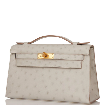 Off White Gris Perle Ostrich Grain Toggle Lock Mini Flap Hand Clutch