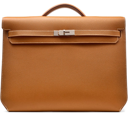 Gold Brown Grain Leather Palladium Hardware Horizontal Briefcase Bag