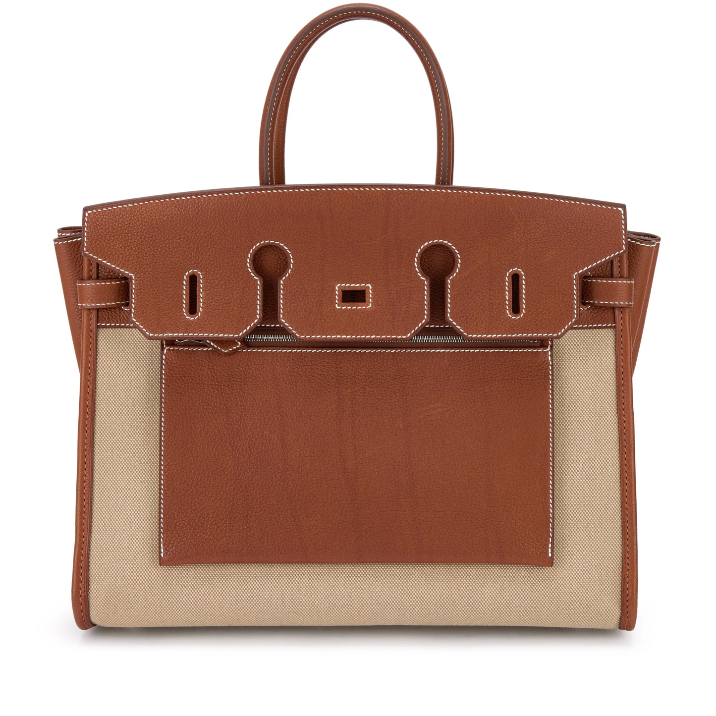 Brown Leather Canvas Patchwork Palladium Hardware Structured Handbag