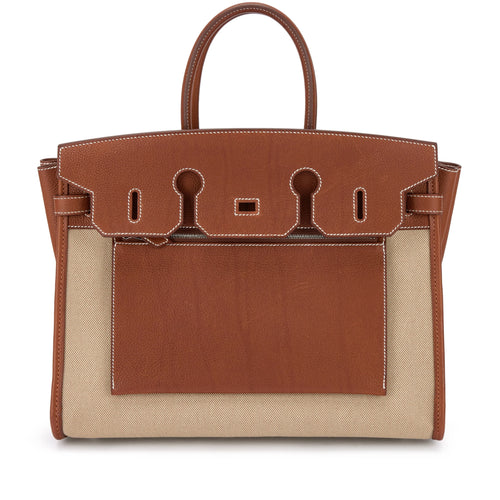 Brown Leather Canvas Patchwork Palladium Hardware Structured Handbag