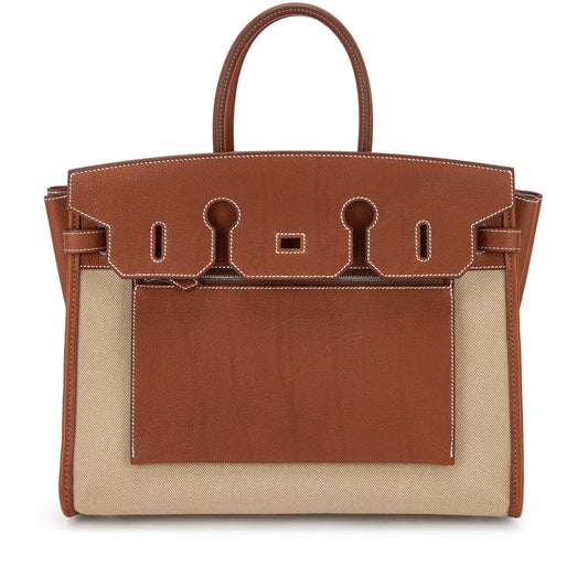 Brown Leather Canvas Patchwork Palladium Hardware Structured Handbag