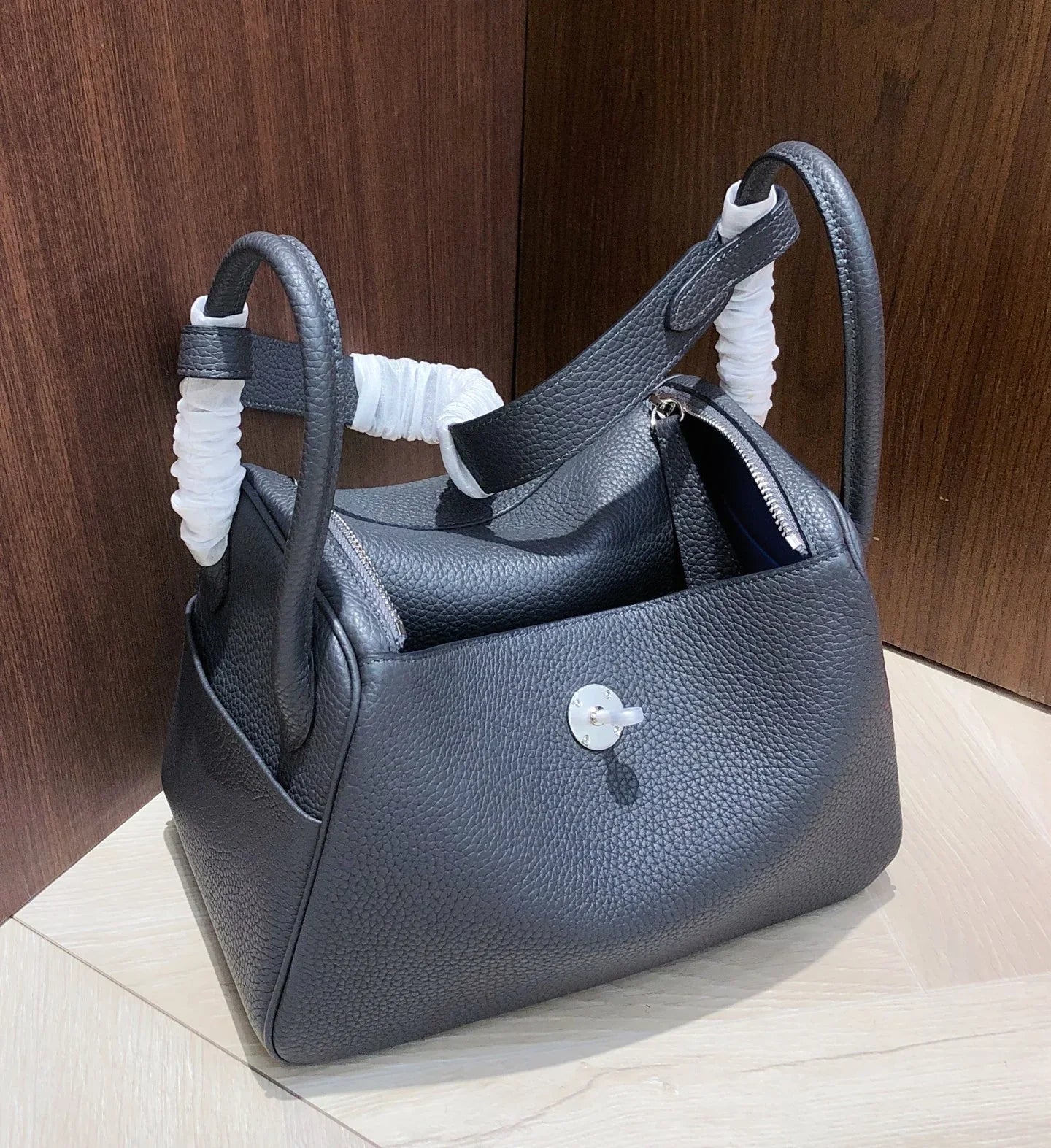 Storm Blackish Black Leather Dual Handle Zip Top Shoulder Bag